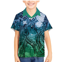 Pacific Beauty Girl Family Matching Mermaid Dress and Hawaiian Shirt Blue Polyneisan Tribal Vintage Motif