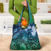 Pacific Beauty Girl Grocery Bag Blue Polyneisan Tribal Vintage Motif