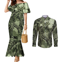 Pacific Beauty Girl Couples Matching Mermaid Dress and Long Sleeve Button Shirt Green Polyneisan Tribal Vintage Motif LT9 Green - Polynesian Pride