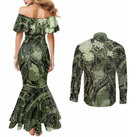 Pacific Beauty Girl Couples Matching Mermaid Dress and Long Sleeve Button Shirt Green Polyneisan Tribal Vintage Motif LT9 - Polynesian Pride