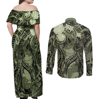 Pacific Beauty Girl Couples Matching Off Shoulder Maxi Dress and Long Sleeve Button Shirt Green Polyneisan Tribal Vintage Motif LT9 - Polynesian Pride