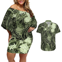 Pacific Beauty Girl Couples Matching Off Shoulder Short Dress and Hawaiian Shirt Green Polyneisan Tribal Vintage Motif LT9 Green - Polynesian Pride