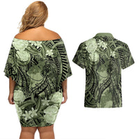 Pacific Beauty Girl Couples Matching Off Shoulder Short Dress and Hawaiian Shirt Green Polyneisan Tribal Vintage Motif LT9 - Polynesian Pride