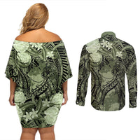 Pacific Beauty Girl Couples Matching Off Shoulder Short Dress and Long Sleeve Button Shirt Green Polyneisan Tribal Vintage Motif LT9 - Polynesian Pride
