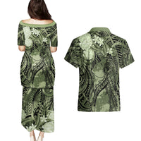 Pacific Beauty Girl Couples Matching Puletasi and Hawaiian Shirt Green Polyneisan Tribal Vintage Motif LT9 - Polynesian Pride