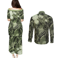 Pacific Beauty Girl Couples Matching Puletasi and Long Sleeve Button Shirt Green Polyneisan Tribal Vintage Motif LT9 - Polynesian Pride