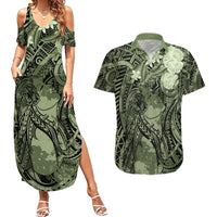 Pacific Beauty Girl Couples Matching Summer Maxi Dress and Hawaiian Shirt Green Polyneisan Tribal Vintage Motif LT9 Green - Polynesian Pride