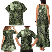 Pacific Beauty Girl Family Matching Tank Maxi Dress and Hawaiian Shirt Green Polyneisan Tribal Vintage Motif