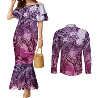 Pacific Beauty Girl Couples Matching Mermaid Dress and Long Sleeve Button Shirt Pink Polyneisan Tribal Vintage Motif LT9 Pink - Polynesian Pride