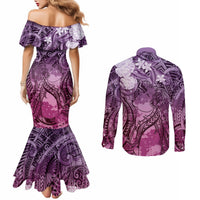 Pacific Beauty Girl Couples Matching Mermaid Dress and Long Sleeve Button Shirt Pink Polyneisan Tribal Vintage Motif LT9 - Polynesian Pride