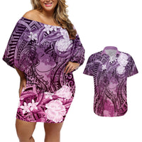 Pacific Beauty Girl Couples Matching Off Shoulder Short Dress and Hawaiian Shirt Pink Polyneisan Tribal Vintage Motif LT9 Pink - Polynesian Pride