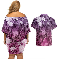 Pacific Beauty Girl Couples Matching Off Shoulder Short Dress and Hawaiian Shirt Pink Polyneisan Tribal Vintage Motif LT9 - Polynesian Pride