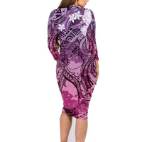 Pacific Beauty Girl Family Matching Long Sleeve Bodycon Dress and Hawaiian Shirt Pink Polyneisan Tribal Vintage Motif