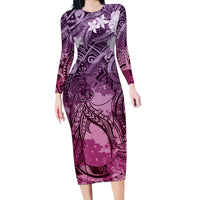 Pacific Beauty Girl Long Sleeve Bodycon Dress Pink Polyneisan Tribal Vintage Motif LT9 Long Dress Pink - Polynesian Pride