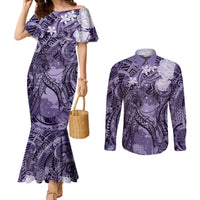 Pacific Beauty Girl Couples Matching Mermaid Dress and Long Sleeve Button Shirt Violet Polyneisan Tribal Vintage Motif LT9 Violet - Polynesian Pride