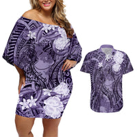 Pacific Beauty Girl Couples Matching Off Shoulder Short Dress and Hawaiian Shirt Violet Polyneisan Tribal Vintage Motif LT9 Violet - Polynesian Pride