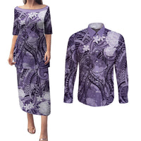 Pacific Beauty Girl Couples Matching Puletasi and Long Sleeve Button Shirt Violet Polyneisan Tribal Vintage Motif
