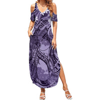Pacific Beauty Girl Family Matching Summer Maxi Dress and Hawaiian Shirt Violet Polyneisan Tribal Vintage Motif LT9 Mom's Dress Violet - Polynesian Pride