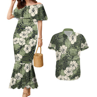 Tongan Kupesi Ngatu Hibiscus Vintage Motif Couples Matching Mermaid Dress and Hawaiian Shirt LT9 Green - Polynesian Pride