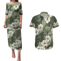 Tongan Kupesi Ngatu Hibiscus Vintage Motif Couples Matching Puletasi and Hawaiian Shirt LT9 Green - Polynesian Pride