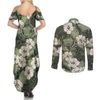 Tongan Kupesi Ngatu Hibiscus Vintage Motif Couples Matching Summer Maxi Dress and Long Sleeve Button Shirt LT9 - Polynesian Pride