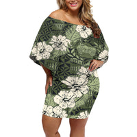 Tongan Kupesi Ngatu Hibiscus Vintage Motif Off Shoulder Short Dress LT9 Women Green - Polynesian Pride