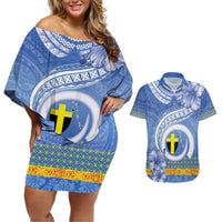 Tafea Vanuatu Couples Matching Off Shoulder Short Dress and Hawaiian Shirt Hibiscus Sand Drawing with Pacific Pattern LT9 Blue Art - Polynesian Pride