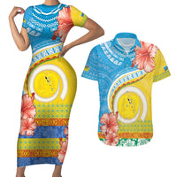 Torba Vanuatu Couples Matching Short Sleeve Bodycon Dress and Hawaiian Shirt Hibiscus Sand Drawing with Pacific Pattern LT9 Green Gold - Polynesian Pride
