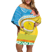 Torba Vanuatu Off Shoulder Short Dress Hibiscus Sand Drawing with Pacific Pattern LT9 Women Green Gold - Polynesian Pride
