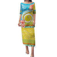 Torba Vanuatu Puletasi Hibiscus Sand Drawing with Pacific Pattern LT9 Long Dress Green Gold - Polynesian Pride