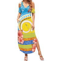 Torba Vanuatu Summer Maxi Dress Hibiscus Sand Drawing with Pacific Pattern LT9 Women Green Gold - Polynesian Pride