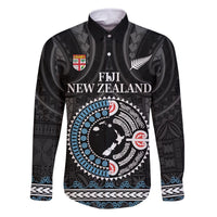 Custom Fiji and New Zealand Family Matching Off The Shoulder Long Sleeve Dress and Hawaiian Shirt Maori Fern Mix Tapa Tribal Unique LT9 Dad's Shirt - Long Sleeve Black - Polynesian Pride