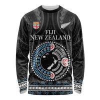 Custom Fiji and New Zealand Long Sleeve Shirt Maori Fern Mix Tapa Tribal Unique LT9 Unisex Black - Polynesian Pride