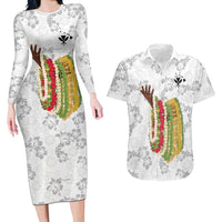 Hawaii Lei Kamehameha Couples Matching Long Sleeve Bodycon Dress and Hawaiian Shirt Ke'oke'o Seamless Pattern Hibiscus Flower LT9 White - Polynesian Pride
