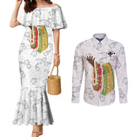 Hawaii Lei Kamehameha Couples Matching Mermaid Dress and Long Sleeve Button Shirt Ke'oke'o Seamless Pattern Hibiscus Flower LT9 White - Polynesian Pride