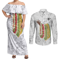 Hawaii Lei Kamehameha Couples Matching Off Shoulder Maxi Dress and Long Sleeve Button Shirt Ke'oke'o Seamless Pattern Hibiscus Flower LT9 White - Polynesian Pride