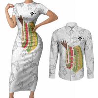 Hawaii Lei Kamehameha Couples Matching Short Sleeve Bodycon Dress and Long Sleeve Button Shirt Ke'oke'o Seamless Pattern Hibiscus Flower LT9 White - Polynesian Pride
