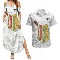 Hawaii Lei Kamehameha Couples Matching Summer Maxi Dress and Hawaiian Shirt Ke'oke'o Seamless Pattern Hibiscus Flower LT9 White - Polynesian Pride