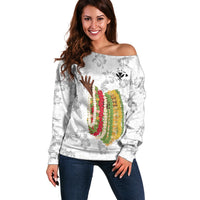 Hawaii Lei Kamehameha Off Shoulder Sweater Ke'oke'o Seamless Pattern Hibiscus Flower LT9 Women White - Polynesian Pride
