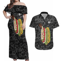 Hawaii Lei Kamehameha Couples Matching Off Shoulder Maxi Dress and Hawaiian Shirt Ele'ele Seamless Pattern Hibiscus Flower LT9 Black - Polynesian Pride