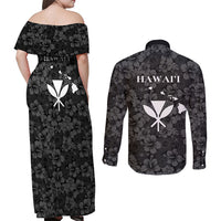 Hawaii Lei Kamehameha Couples Matching Off Shoulder Maxi Dress and Long Sleeve Button Shirt Ele'ele Seamless Pattern Hibiscus Flower