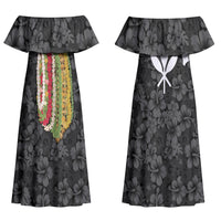 Hawaii Lei Kamehameha Couples Matching Off Shoulder Maxi Dress and Long Sleeve Button Shirt Ele'ele Seamless Pattern Hibiscus Flower LT9 - Polynesian Pride