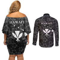 Hawaii Lei Kamehameha Couples Matching Off Shoulder Short Dress and Long Sleeve Button Shirt Ele'ele Seamless Pattern Hibiscus Flower LT9 - Polynesian Pride