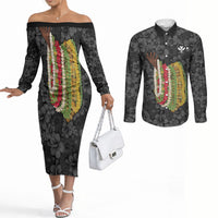 Hawaii Lei Kamehameha Couples Matching Off The Shoulder Long Sleeve Dress and Long Sleeve Button Shirt Ele'ele Seamless Pattern Hibiscus Flower LT9 Black - Polynesian Pride