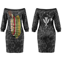 Hawaii Lei Kamehameha Family Matching Off The Shoulder Long Sleeve Dress and Hawaiian Shirt Ele'ele Seamless Pattern Hibiscus Flower LT9 Mom's Dress Black - Polynesian Pride