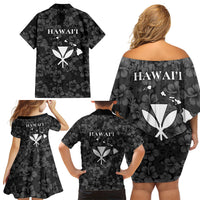 Hawaii Lei Kamehameha Family Matching Off Shoulder Short Dress and Hawaiian Shirt Ele'ele Seamless Pattern Hibiscus Flower LT9 Mom's Dress Black - Polynesian Pride