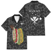 Hawaii Lei Kamehameha Family Matching Off Shoulder Short Dress and Hawaiian Shirt Ele'ele Seamless Pattern Hibiscus Flower LT9 Dad's Shirt - Short Sleeve Black - Polynesian Pride