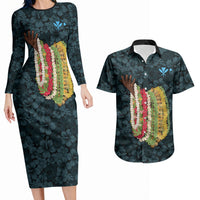 Hawaii Lei Kamehameha Couples Matching Long Sleeve Bodycon Dress and Hawaiian Shirt Uliuli Seamless Pattern Hibiscus Flower LT9 Blue - Polynesian Pride