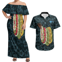 Hawaii Lei Kamehameha Couples Matching Off Shoulder Maxi Dress and Hawaiian Shirt Uliuli Seamless Pattern Hibiscus Flower LT9 Blue - Polynesian Pride