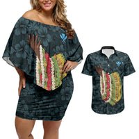 Hawaii Lei Kamehameha Couples Matching Off Shoulder Short Dress and Hawaiian Shirt Uliuli Seamless Pattern Hibiscus Flower LT9 Blue - Polynesian Pride